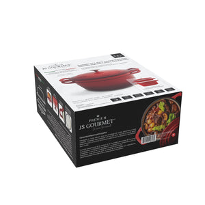JS Gourmet Ensemble de 2 cocottes superposables en fonte émaillée avec couvercle, 3 pièces, 5,2 L, Rouge cerise - emballage - Simple Boutique