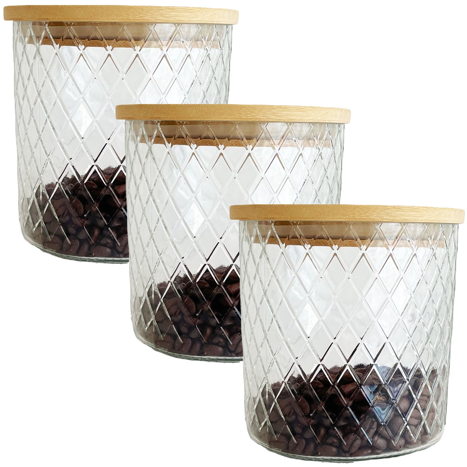 JS Gourmet - Ensemble de 3 Contenants en Verre Embossé avec Couvercle Hermétique, Capacité de 1000ml - Simple Boutique
