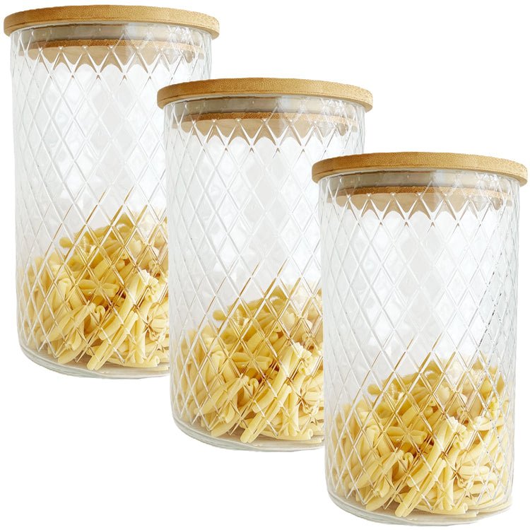 JS Gourmet - Ensemble de 3 Contenants en Verre Embossé avec Couvercle Hermétique, Capacité de 1500ml - Simple Boutique