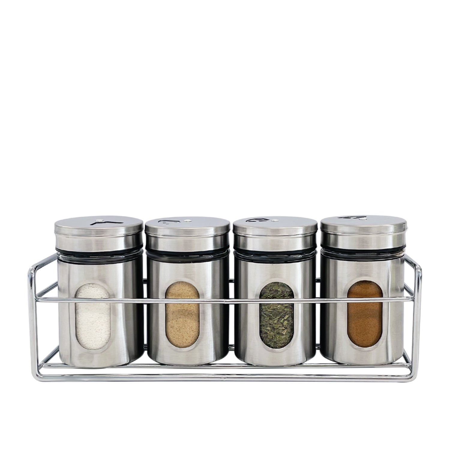 JS Gourmet - Ensemble de 4 Contenants à Épices avec Plateau de Rangement, Acier Inoxydable - Simple Boutique