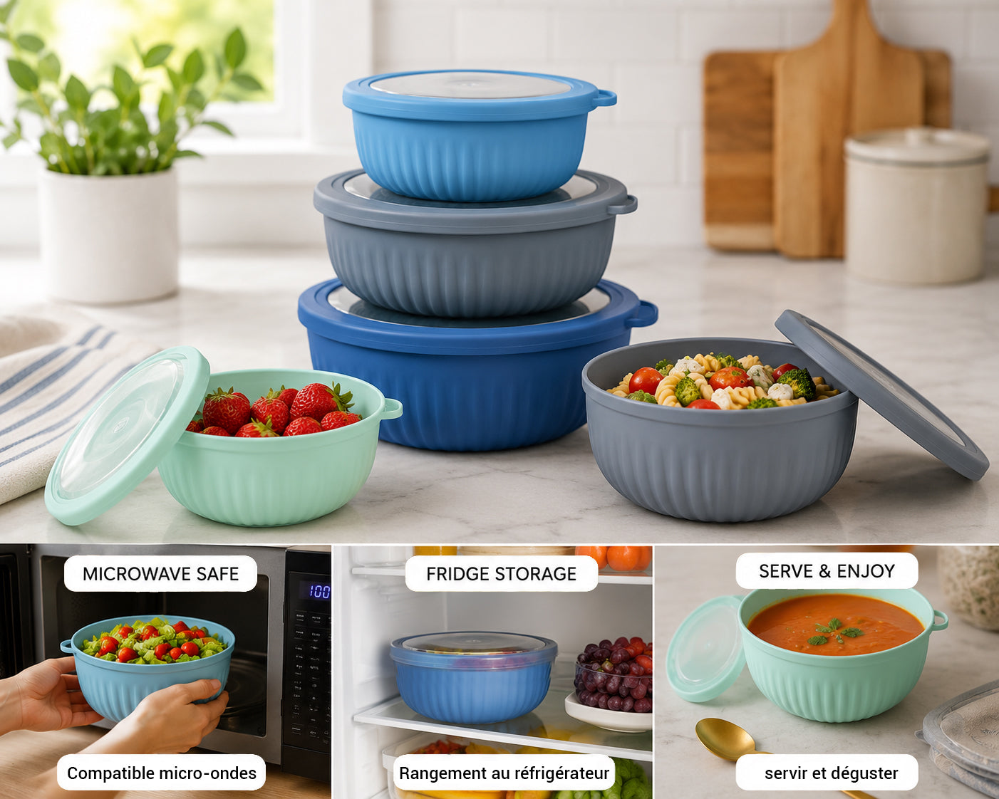 JS Gourmet Ensemble de 4 boîtes de conservation rondes et emboîtables avec couvercles - Simple Boutique
