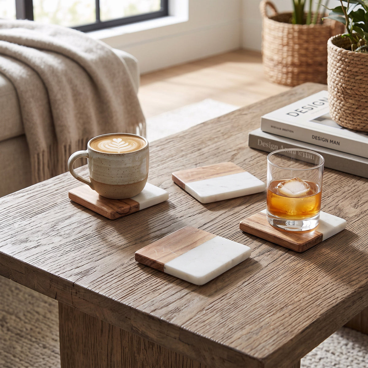 JS Gourmet Ensemble de 4 dessous de verre en bois d'acacia et marbre - Simple Boutique