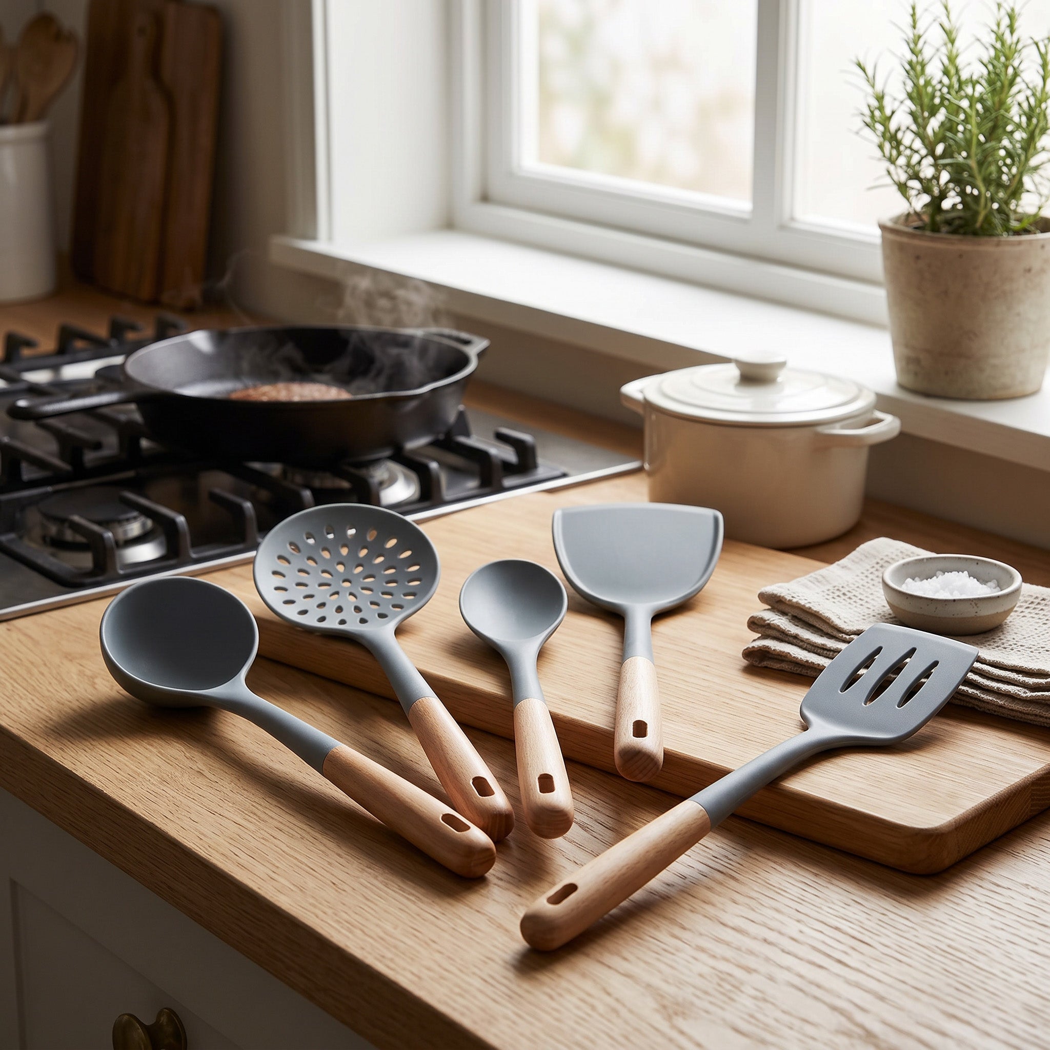 JS Gourmet Ensemble de 5 ustensiles de cuisine en hêtre et silicone - Bleu, manches côtelés - Simple Boutique