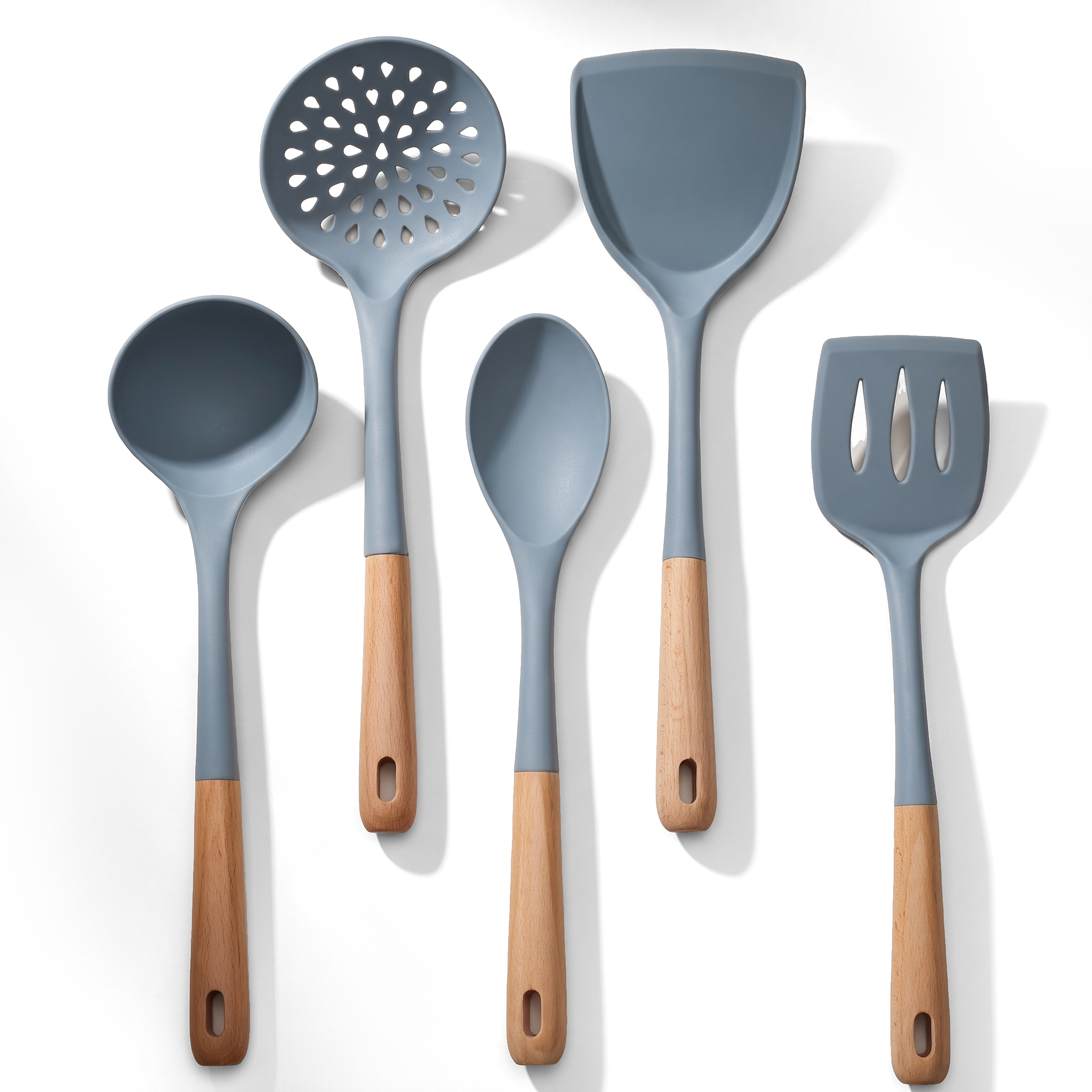 JS Gourmet Ensemble de 5 ustensiles de cuisine en hêtre et silicone - Bleu, manches côtelés - Simple Boutique