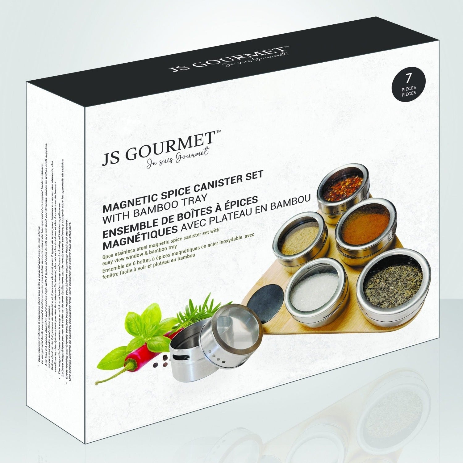 JS Gourmet - Ensemble de 6 Contenants à Épices Magnétiques avec Plateau de Rangement en Bambou - Simple Boutique