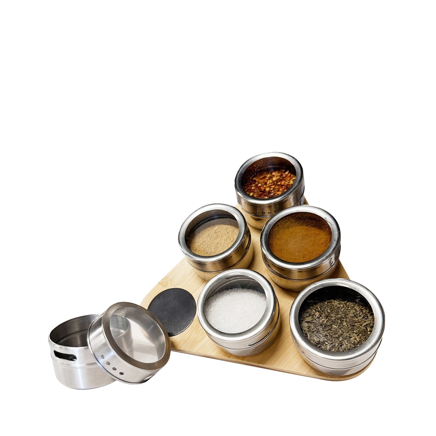 JS Gourmet - Ensemble de 6 Contenants à Épices Magnétiques avec Plateau de Rangement en Bambou - Simple Boutique