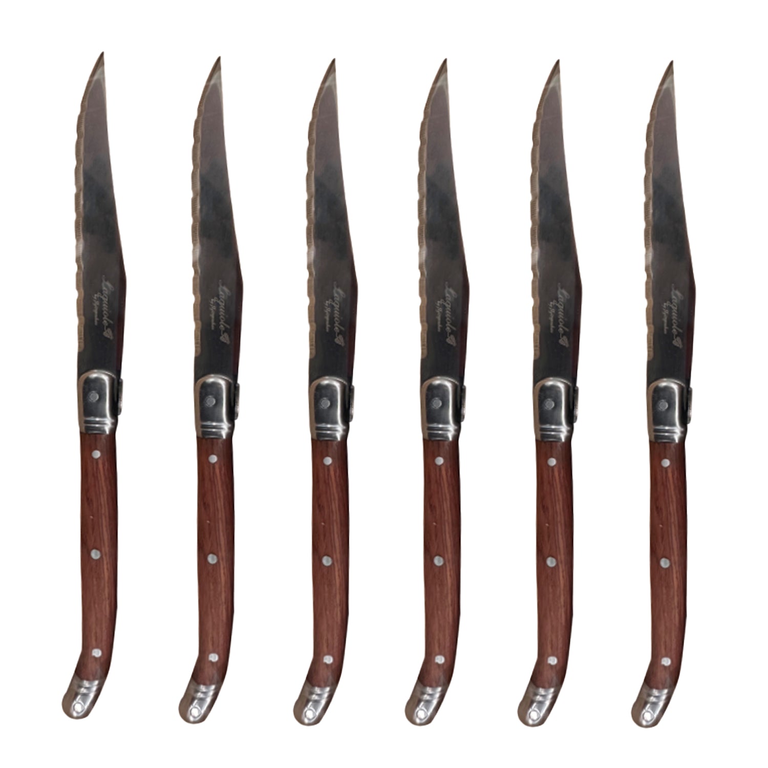 JS Gourmet - Ensemble de 6 Couteaux à Steak Laguiole, Lame en Acier Inoxydable, Manches en Bois - Simple Boutique