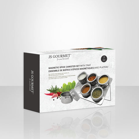 JS Gourmet - Ensemble de 6 Pots à Épices Magnétiques avec Plateau de Rangement, Acier Inoxydable
