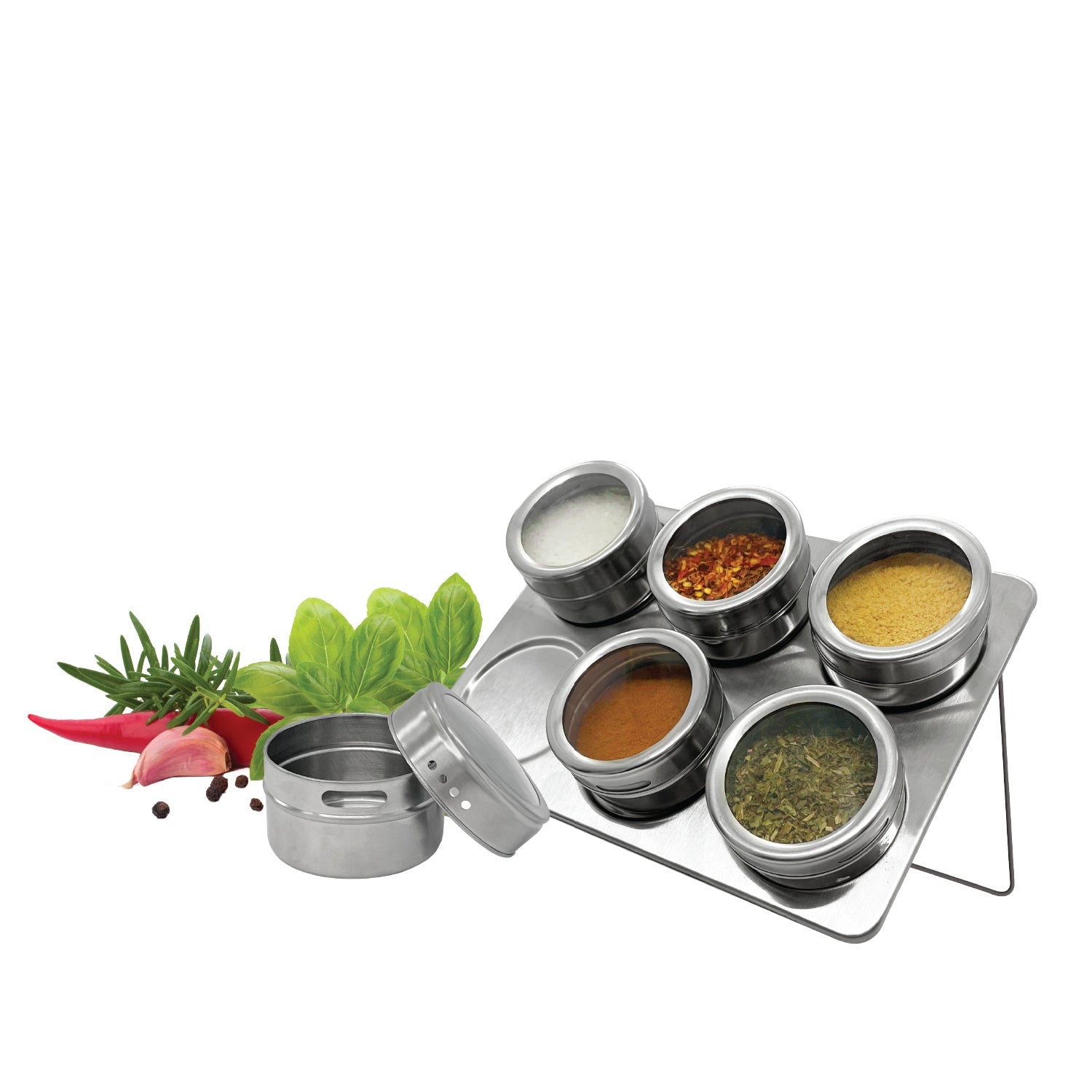 JS Gourmet - Ensemble de 6 Pots à Épices Magnétiques avec Plateau de Rangement, Acier Inoxydable - Simple Boutique