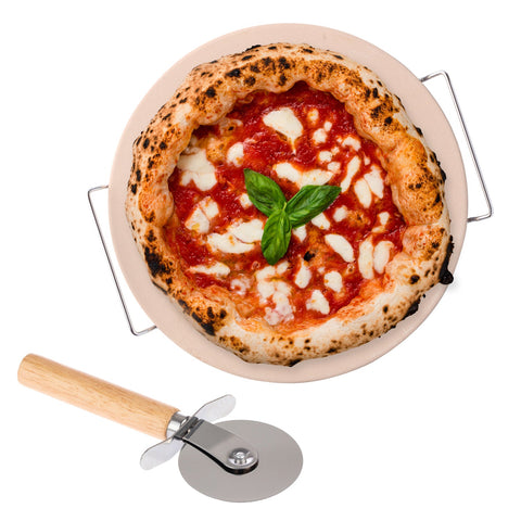 JS Gourmet - Ensemble de Pierre à Pizza avec Roulette et Support, Diamètre de 15