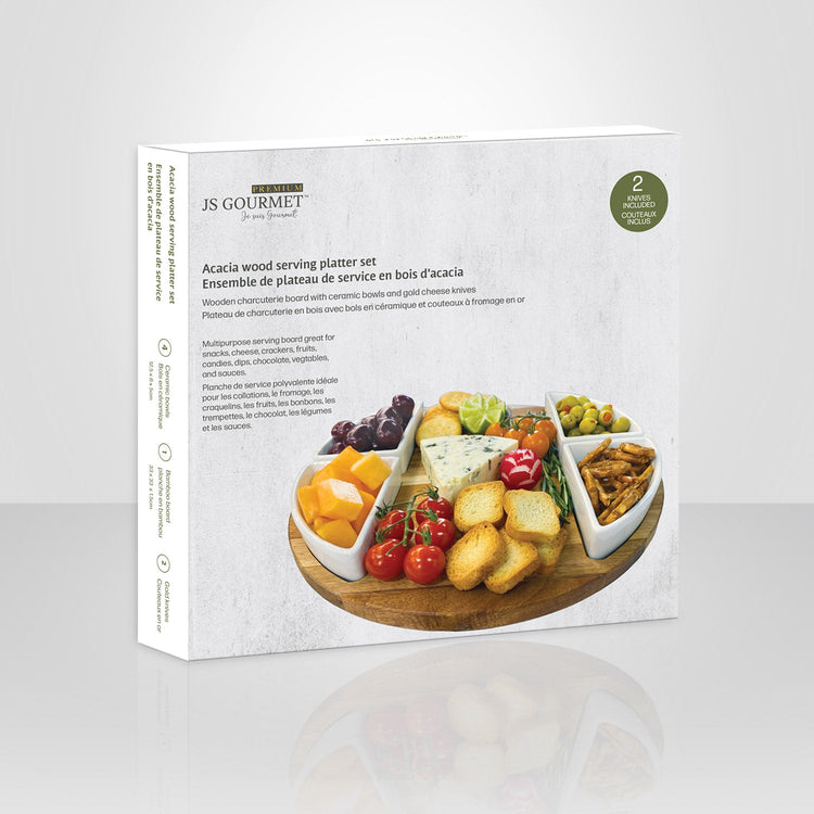 JS Gourmet - Ensemble de Plateau de Service en Bois d'acacia avec Bol en Céramique et Couteaux - Simple Boutique