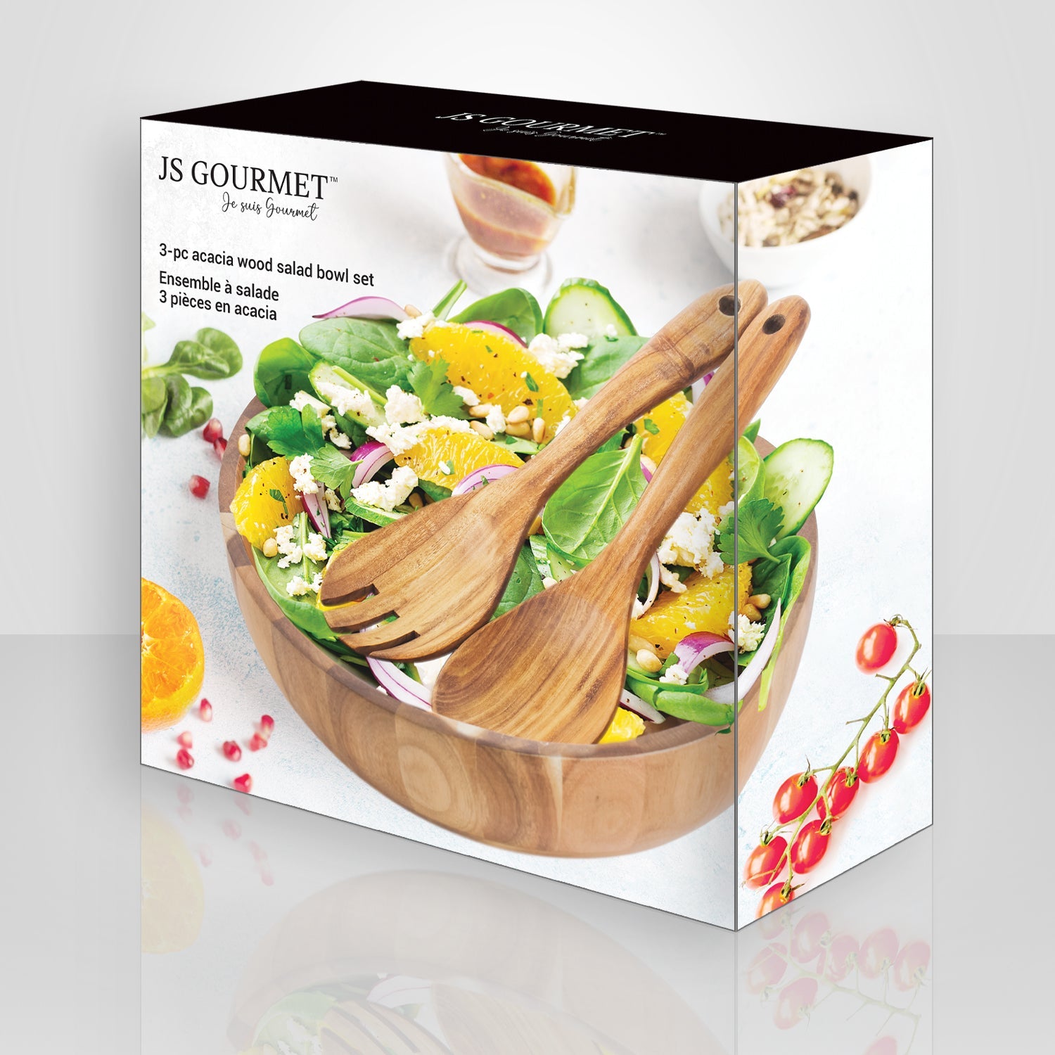 JS Gourmet - Ensemble de Saladier 3 Morceaux avec Ustensiles, Fabriqué en Bois d'acacia - Simple Boutique