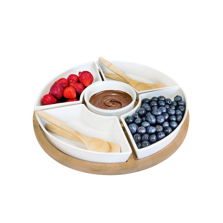 JS Gourmet - Ensemble de Service de Hors-D'oeuvres, Plateau en Bambou, Bols en Céramique et Cuillères - Simple Boutique