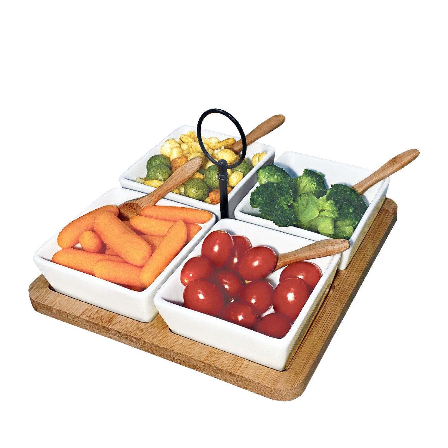 JS Gourmet - Ensemble de Service de Hors-D'oeuvres, Plateau en Bambou, Bols en Céramique et Cuillères - Simple Boutique