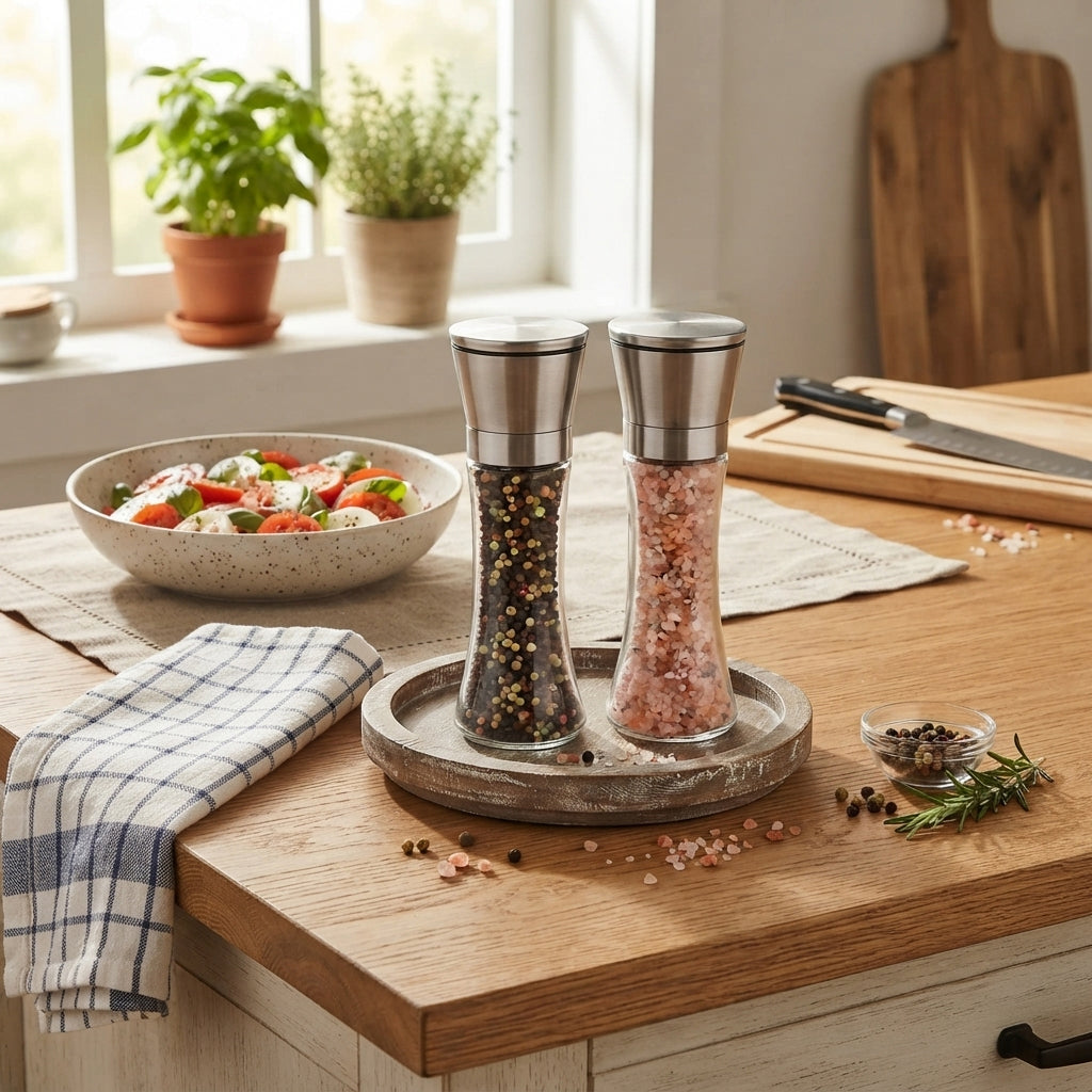 JS Gourmet Ensemble de moulins à sel et à poivre en verre et acier inoxydable avec broyeur en céramique réglable - 2 pièces - Simple Boutique