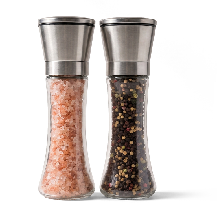 JS Gourmet Ensemble de moulins à sel et à poivre en verre et acier inoxydable avec broyeur en céramique réglable - 2 pièces - Simple Boutique