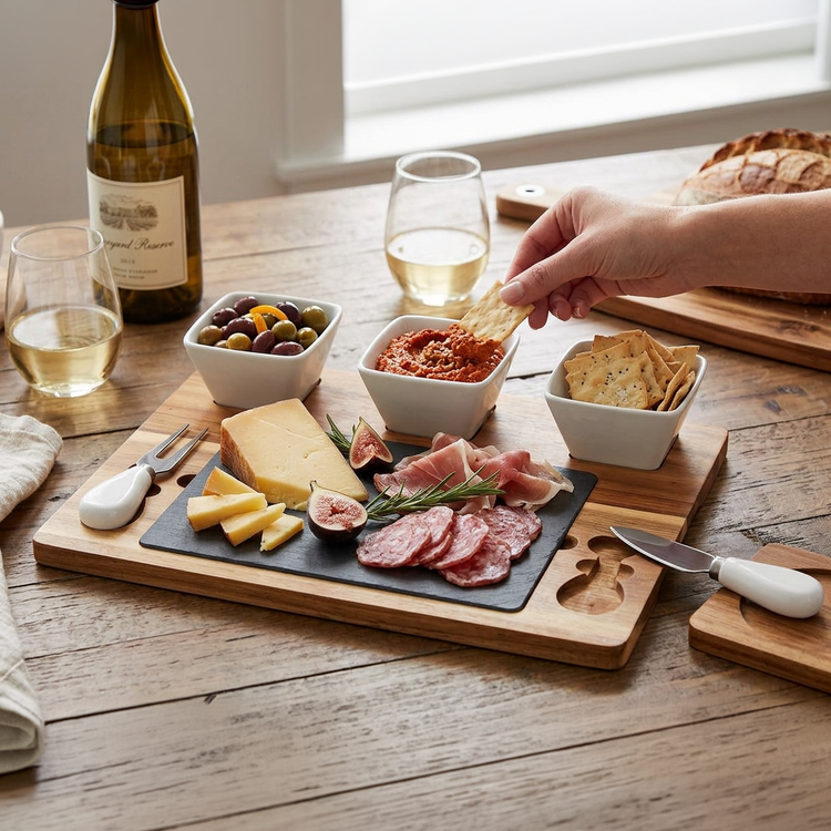 JS Gourmet Ensemble de plateau à fromages en acacia avec plateau en ardoise, 3 bols en céramique et 2 outils à fromage - Simple Boutique