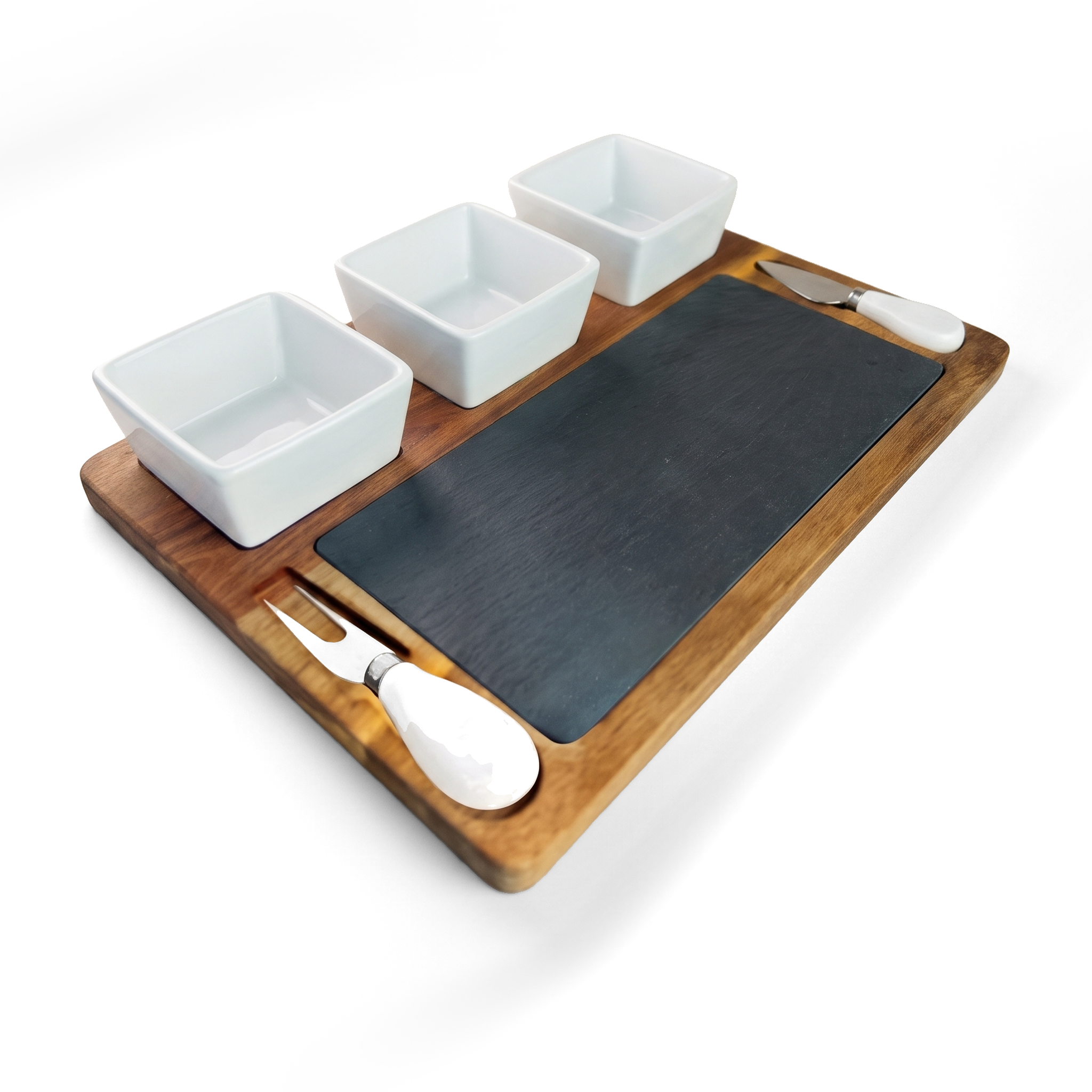 JS Gourmet Ensemble de plateau à fromages en acacia avec plateau en ardoise, 3 bols en céramique et 2 outils à fromage - Simple Boutique