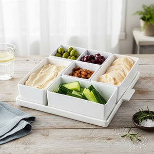 JS Gourmet Ensemble de service 7 pièces en porcelaine blanche avec plateau en ardoise - Simple Boutique