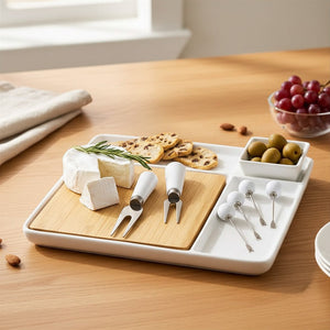JS Gourmet Ensemble de service / plateau à charcuterie en bambou et porcelaine 9 pièces - Simple Boutique