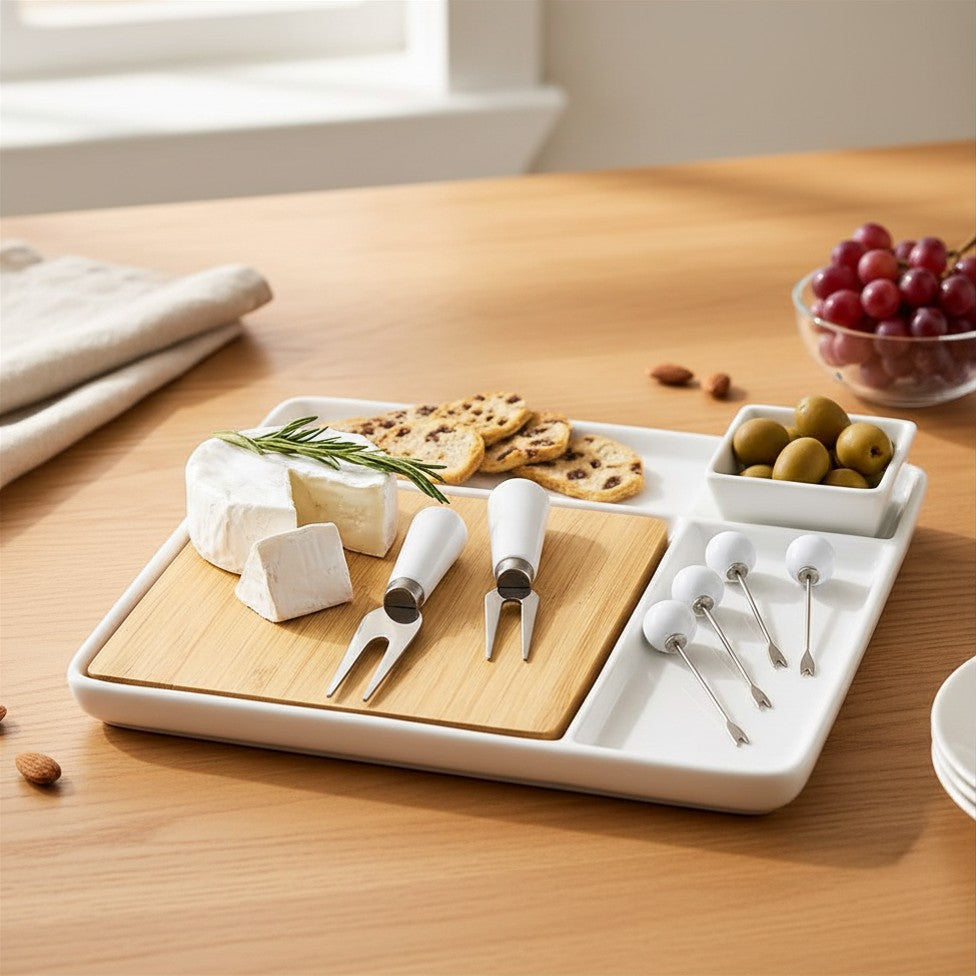 JS Gourmet Ensemble de service / plateau à charcuterie en bambou et porcelaine 9 pièces - Simple Boutique