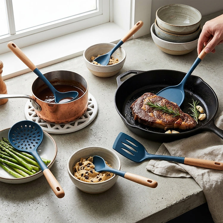 JS Gourmet Ensemble d'ustensiles de cuisine 5 pièces en hêtre et silicone - Bleu foncé - Simple Boutique