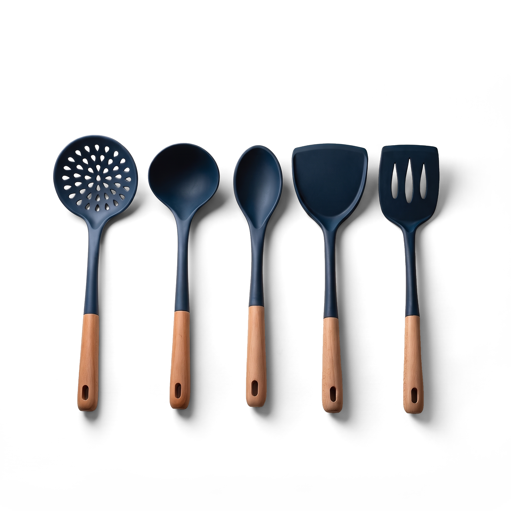 JS Gourmet Ensemble d'ustensiles de cuisine 5 pièces en hêtre et silicone - Bleu foncé - Simple Boutique