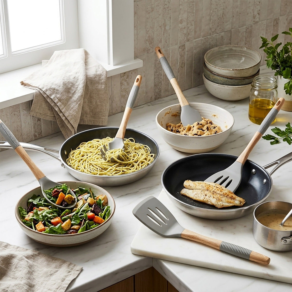 JS Gourmet Ensemble d'ustensiles de cuisine 5 pièces en hêtre et silicone - Gris - Simple Boutique