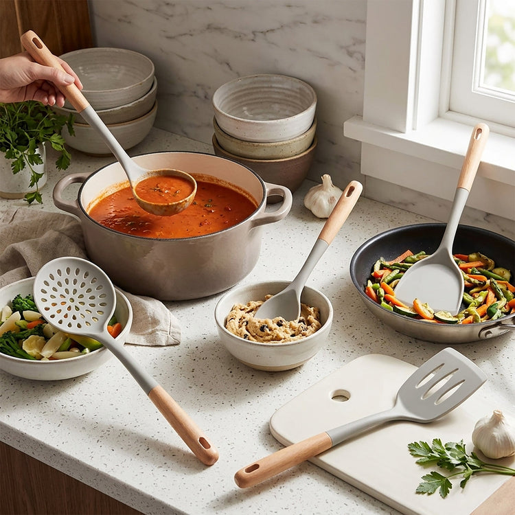 JS Gourmet Ensemble d'ustensiles de cuisine 5 pièces en hêtre et silicone - Gris chaud, manches nervurés - Simple Boutique