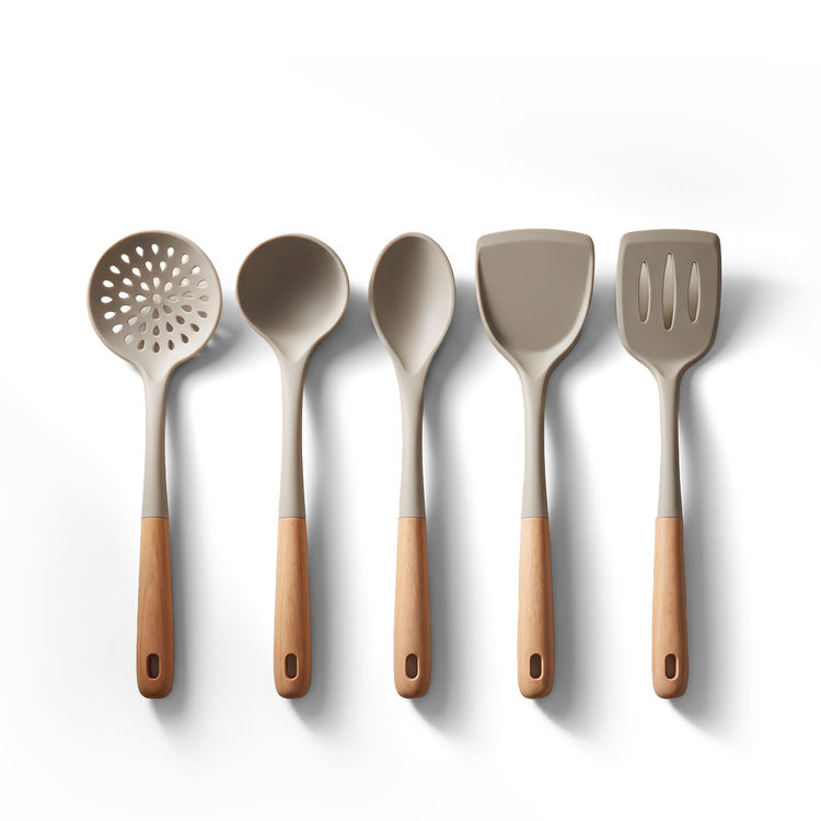 JS Gourmet Ensemble d'ustensiles de cuisine 5 pièces en hêtre et silicone - Gris chaud, manches nervurés - Simple Boutique