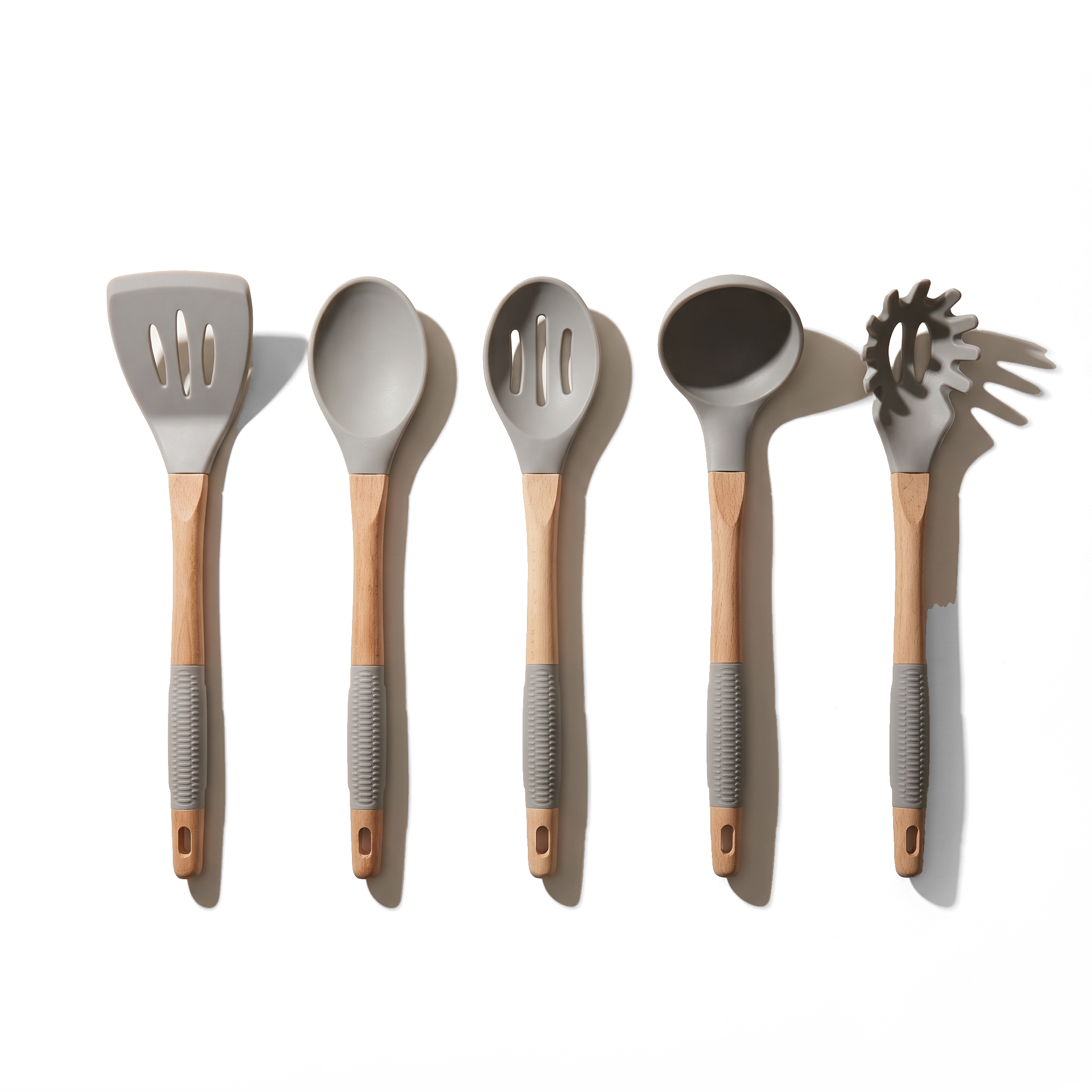 JS Gourmet Ensemble d'ustensiles de cuisine 5 pièces en hêtre et silicone - Gris - Simple Boutique