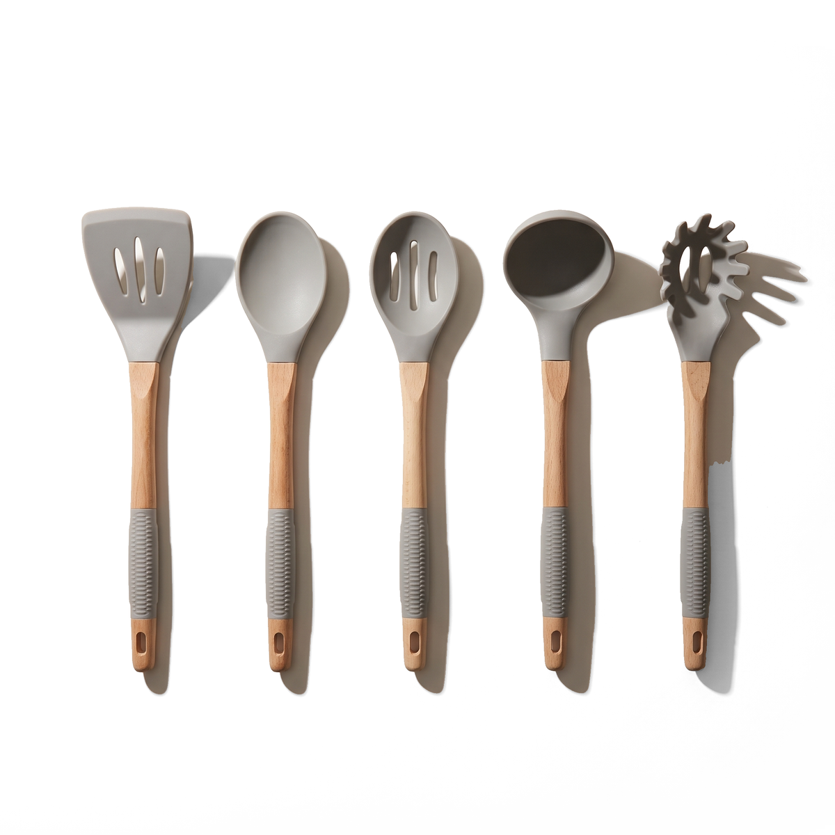 JS Gourmet Ensemble d'ustensiles de cuisine 5 pièces en hêtre et silicone - Gris - Simple Boutique