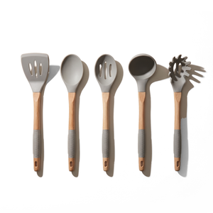 JS Gourmet Ensemble d'ustensiles de cuisine 5 pièces en hêtre et silicone - Gris - Simple Boutique