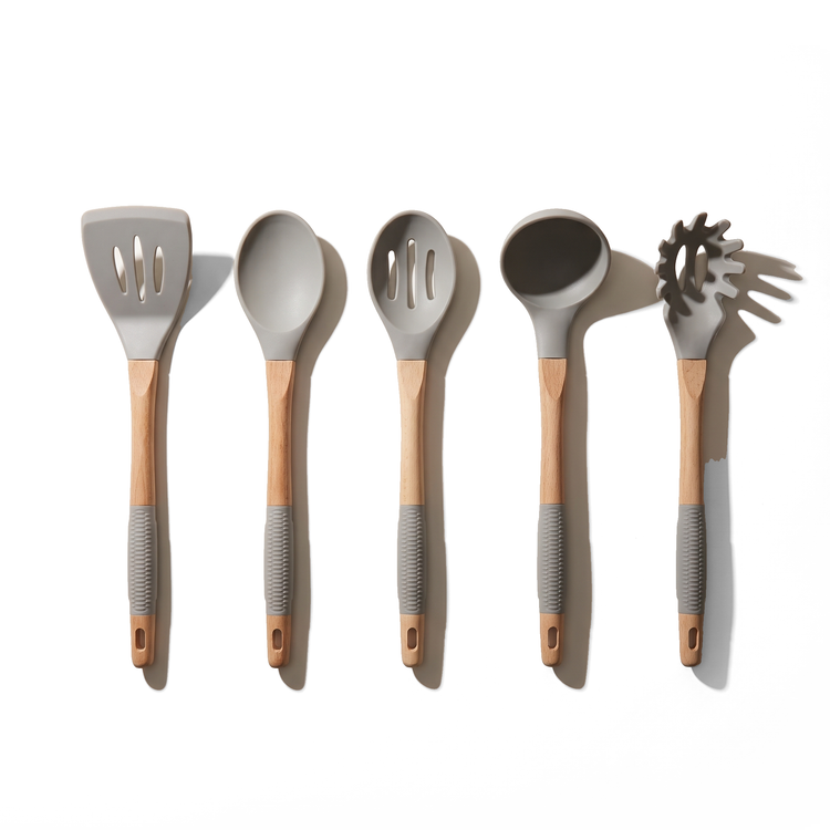 JS Gourmet Ensemble d'ustensiles de cuisine 5 pièces en hêtre et silicone - Gris - Simple Boutique