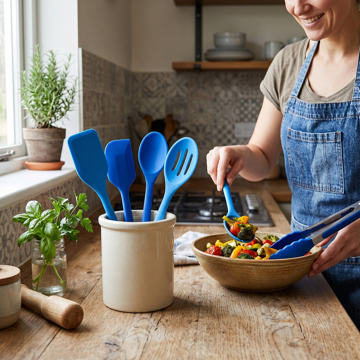 JS Gourmet Ensemble d'ustensiles de cuisine en silicone 5 pièces - Bleu - Simple Boutique