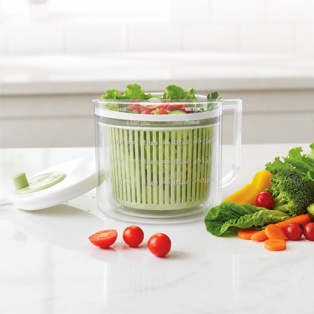 JS Gourmet Essoreuse à salade 4-en-1 avec système de drainage intégré, 2,5 L, Vert - Simple Boutique