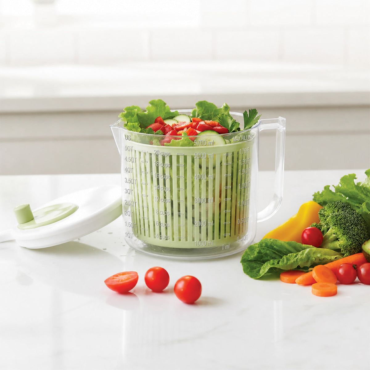 JS Gourmet Essoreuse à salade 4-en-1 avec système d'égouttage intégré, 5,7 L, vert - Simple Boutique