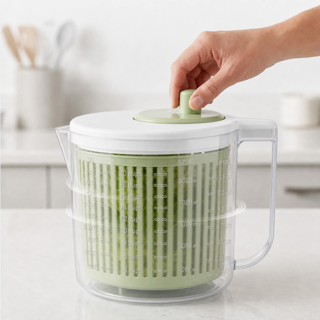 JS Gourmet Essoreuse à salade 4-en-1 avec système d'égouttage intégré, 5,7 L, vert - Simple Boutique