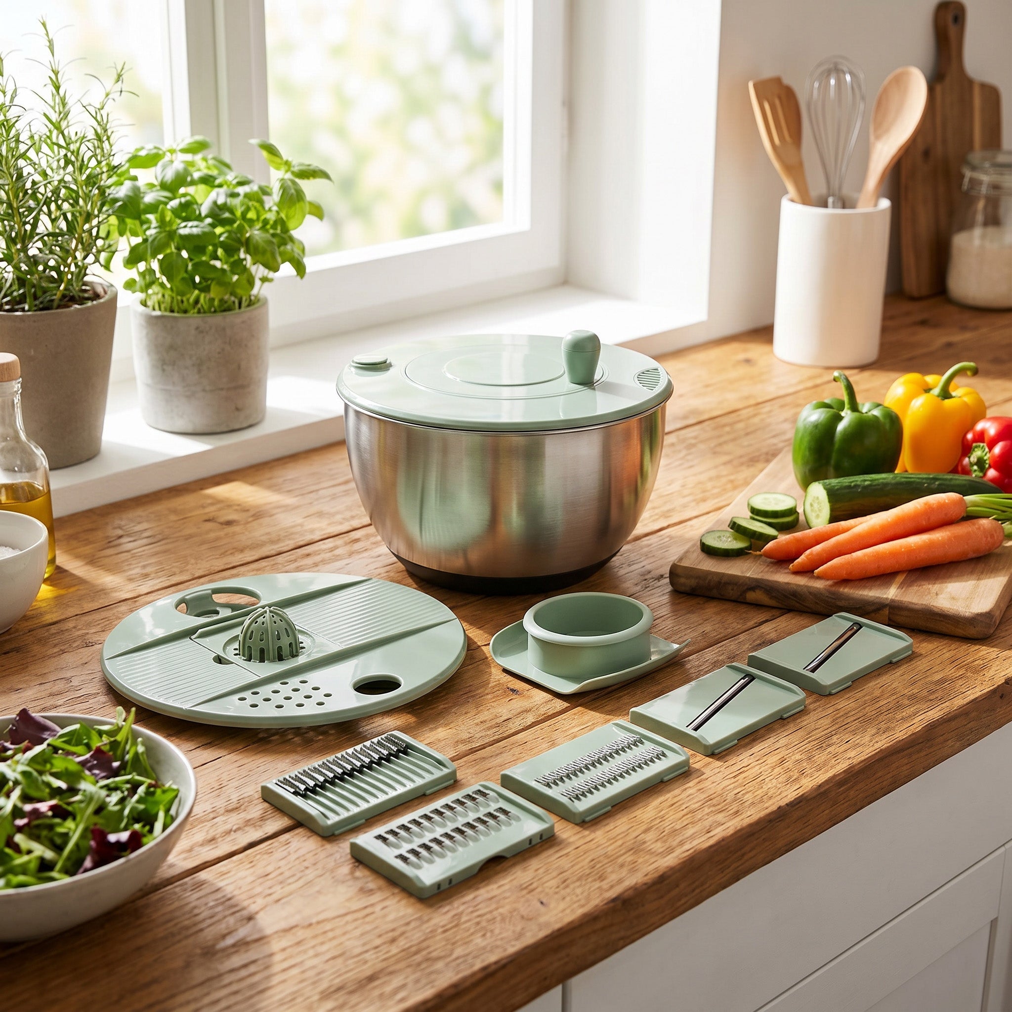 JS Gourmet Essoreuse à salade en acier inoxydable avec hachoir - 4-en-1, 4,2 L - Simple Boutique