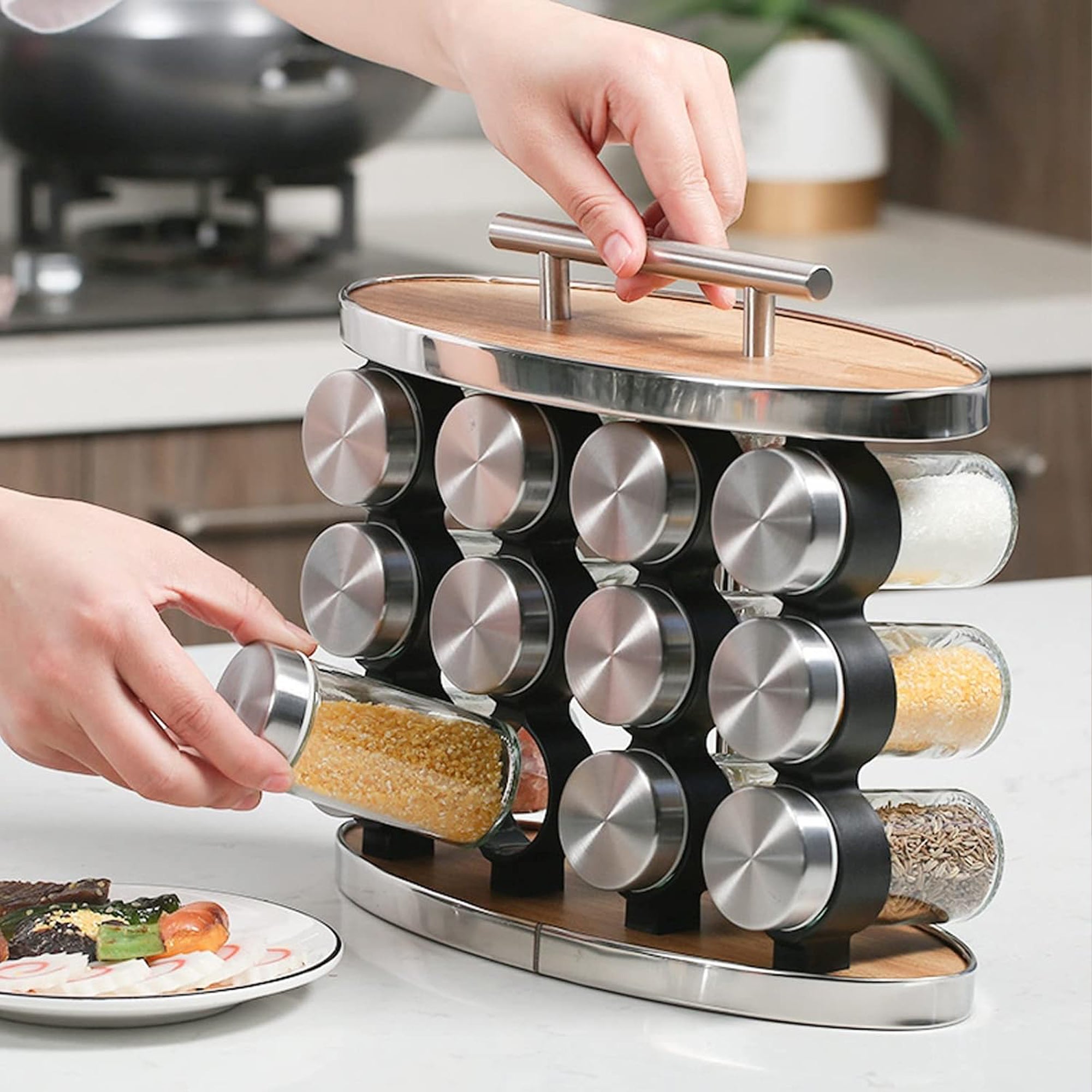 JS Gourmet Étagère à épices en acier inoxydable et bambou avec 12 bocaux en verre - 80 ml chacun - Simple Boutique