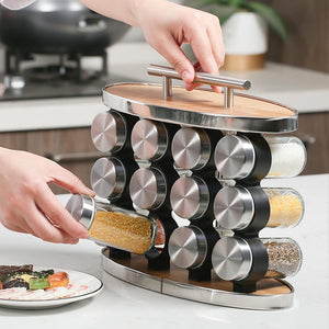 JS Gourmet Étagère à épices en acier inoxydable et bambou avec 12 bocaux en verre - 80 ml chacun - Simple Boutique