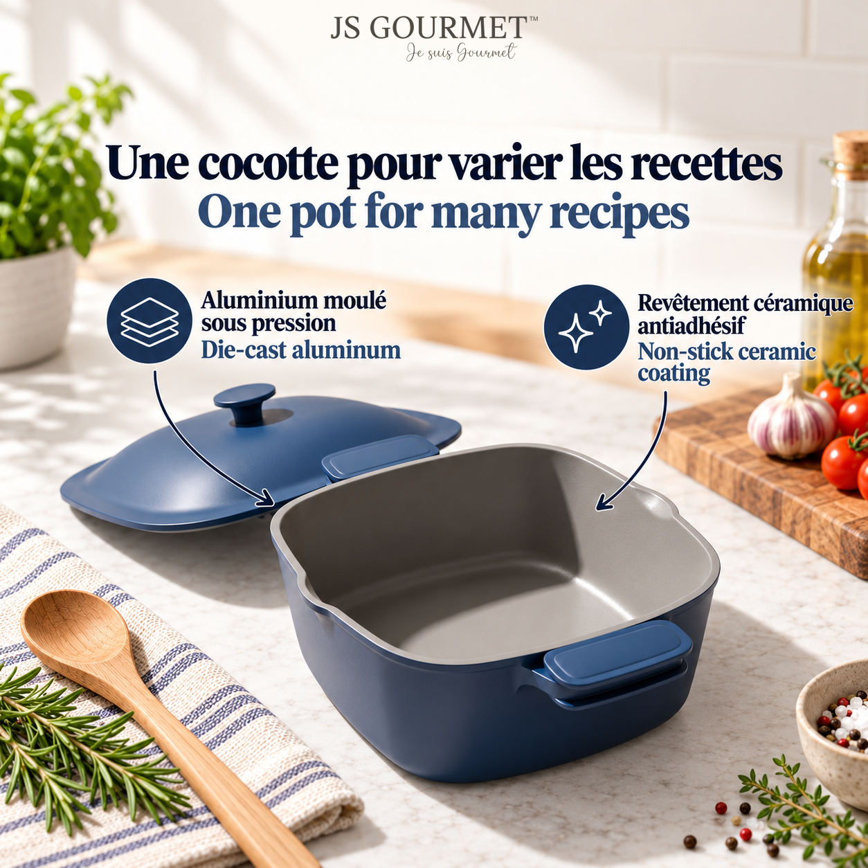 JS Gourmet Faitout carré en fonte d'aluminium avec couvercle bombé, 4,9 L, 24 cm, Sel bleu mat - Simple Boutique