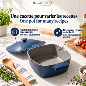 JS Gourmet Faitout carré en fonte d'aluminium avec couvercle bombé, 4,9 L, 24 cm, Sel bleu mat - Simple Boutique