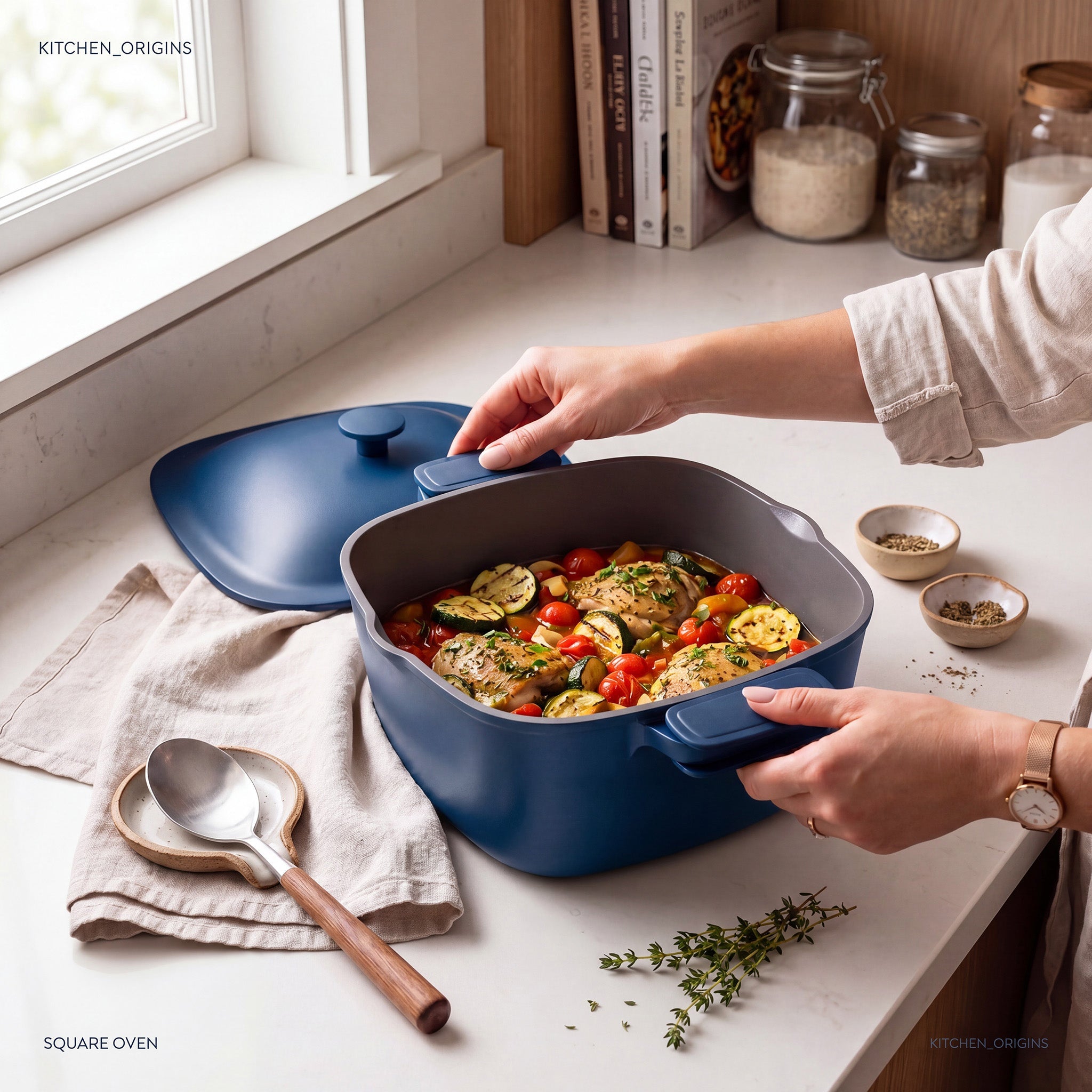 JS Gourmet Faitout carré en fonte d'aluminium avec couvercle bombé, 4,9 L, 24 cm, Sel bleu mat - Simple Boutique