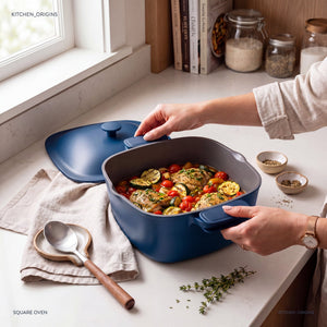 JS Gourmet Faitout carré en fonte d'aluminium avec couvercle bombé, 4,9 L, 24 cm, Sel bleu mat - Simple Boutique
