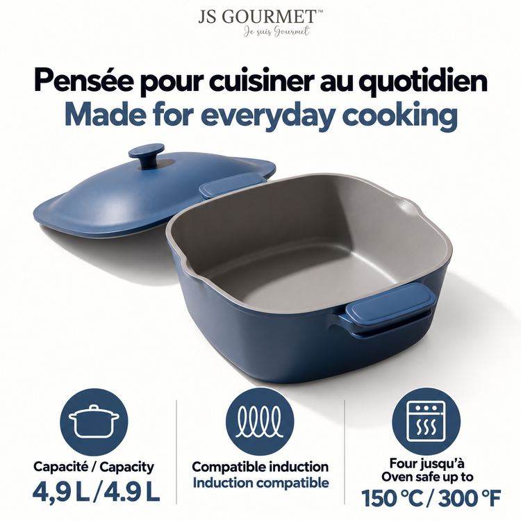 JS Gourmet Faitout carré en fonte d'aluminium avec couvercle bombé, 4,9 L, 24 cm, Sel bleu mat - Simple Boutique