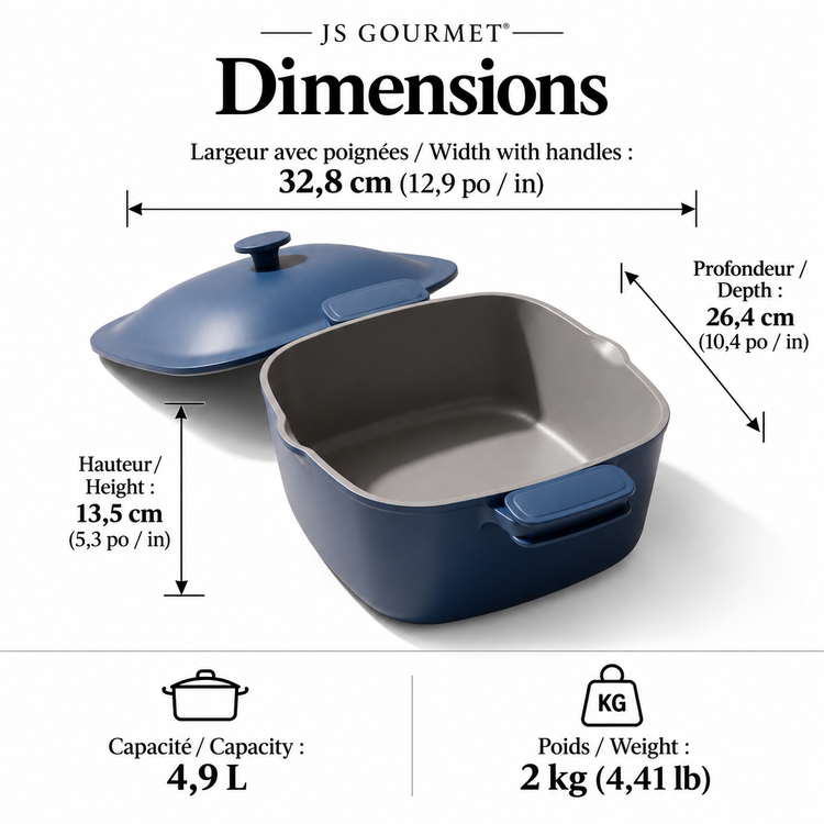 JS Gourmet Faitout carré en fonte d'aluminium avec couvercle bombé, 4,9 L, 24 cm, Sel bleu mat - Simple Boutique