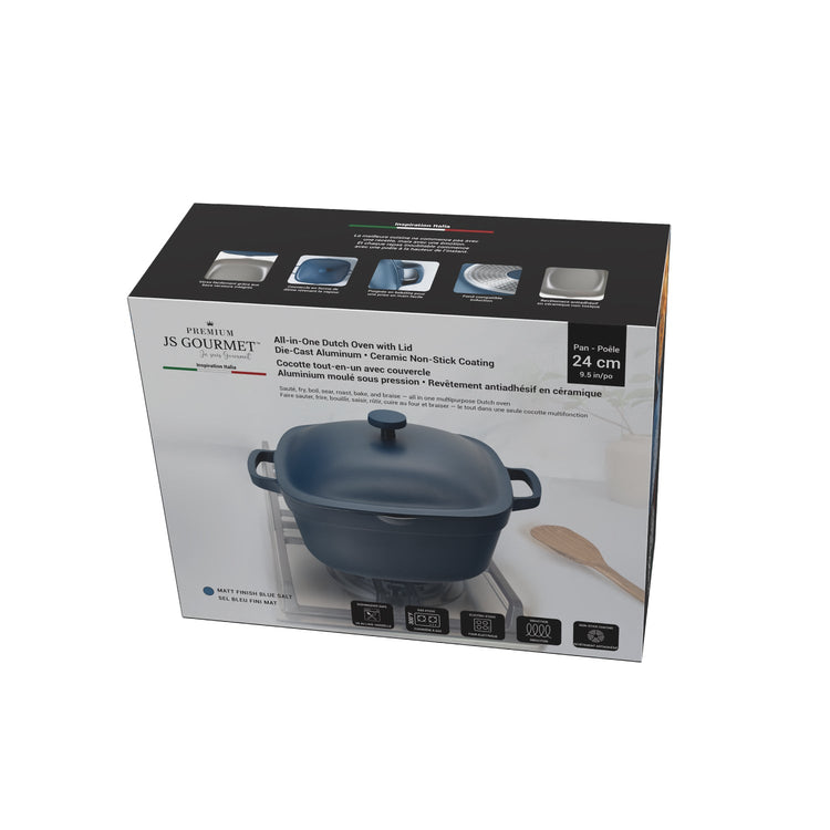 JS Gourmet Faitout carré en fonte d'aluminium avec couvercle bombé, 4,9 L, 24 cm, Sel bleu mat - emballage - Simple Boutique