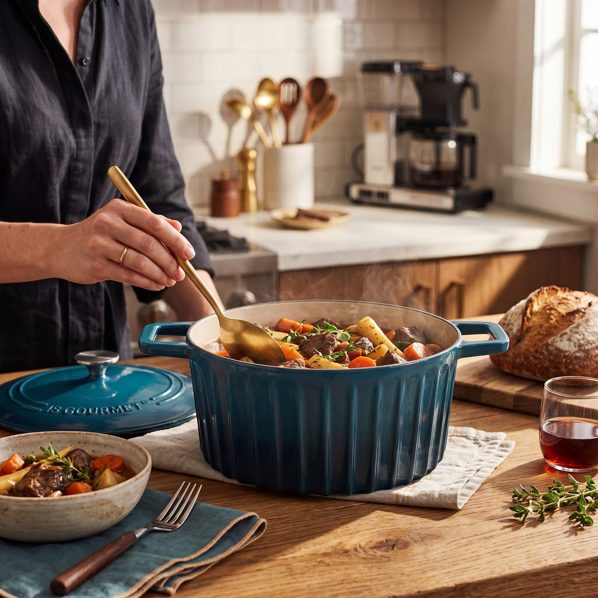 JS Gourmet Faitout en fonte émaillée cannelée - Bleu saphir, 5,2 L - Simple Boutique
