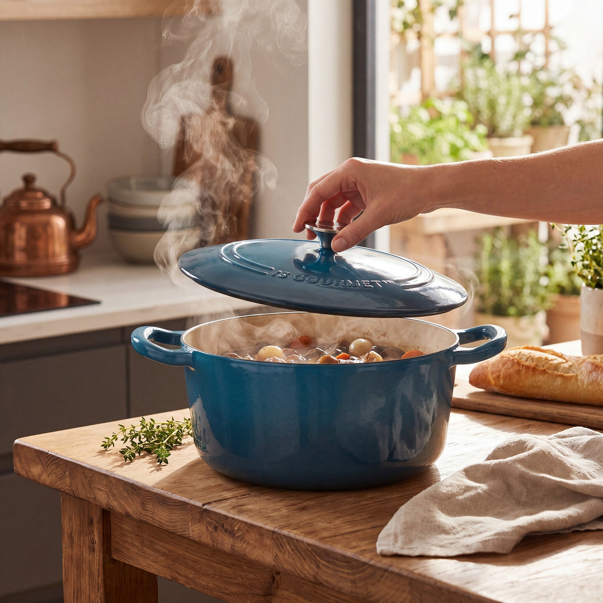 JS Gourmet Faitout rond en fonte émaillée avec couvercle, 6,2 L, saphir bleu - Simple Boutique